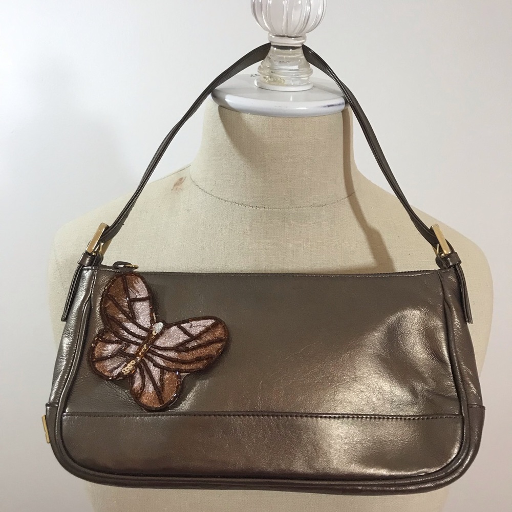 Stuart Weitzman petit bronze leather evening handbag butterfly patch zip